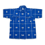 A short-sleeve blue button-up shirt with a white grid pattern and white embroidered floral motifs, laid flat on a white background.