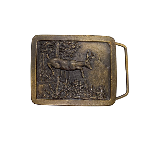 Bronze belt buckle with deer design on a white background