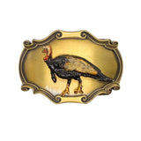 Gold belt buckle with a turkey design on a white background
