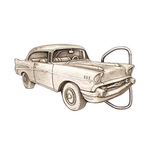 Vintage car-shaped belt buckle on a white background