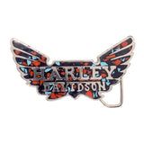 Harley Davidson belt buckle with colorful wing design on a white background