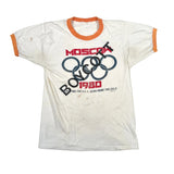 Vintage t-shirt with 'Moscow 1980' and Olympic rings design on a white background