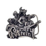 A silver-toned metal belt buckle featuring a sculpted group of four country musicians playing instruments, with the words 'Country Western' across the front, shown on a white textured background.