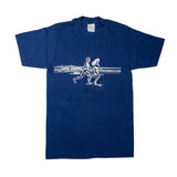 A vintage blue short-sleeve t-shirt with a white graphic print of two runners on a track, laid flat on a light gray background.