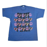 Blue t-shirt with peace sign and graphic design on a white background