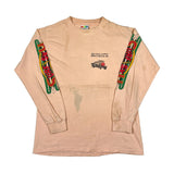 Beige long-sleeve shirt with colorful designs on sleeves and graphic on chest against a white background