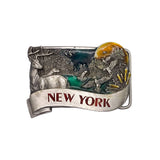 Belt buckle with 'New York' text and scenic design on a white background