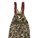 Camouflage overalls with red suspenders on a white background