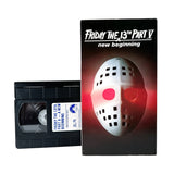 A VHS tape and retail box for Friday the 13th Part V: New Beginning, shown on a clean light gray background.