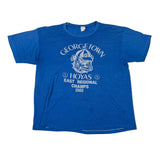 Blue t-shirt with Georgetown Hoyas logo and text on a white background