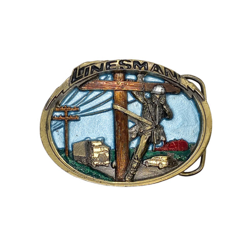 Belt buckle with a design of a lineman on a white background