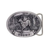 An oval silver-toned belt buckle featuring a raised deer in a forest and the word VIRGINIA on a banner, shown on a white textured background.