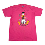 Pink t-shirt with a cartoon character graphic on a white background