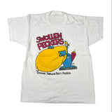 White t-shirt with 'Swollen Peckers' graphic design on a white background