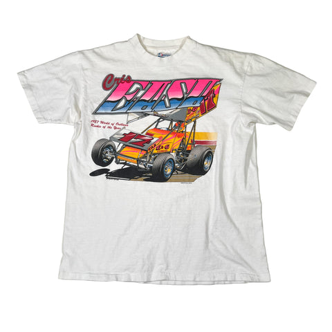 White t-shirt with a colorful race car graphic on a white background