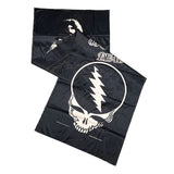 Black banner with a white skull design on a white background