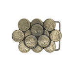 Belt buckle made from Buffalo Nickel coins on a white background