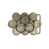 Belt buckle made from Buffalo Nickel coins on a white background