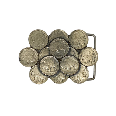 Belt buckle made from Buffalo Nickel coins on a white background