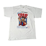 White t-shirt with a cartoon character and text on a white background