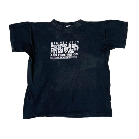 Black t-shirt with white graphic and text on a white background