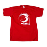 Red t-shirt with a white graphic design on a white background