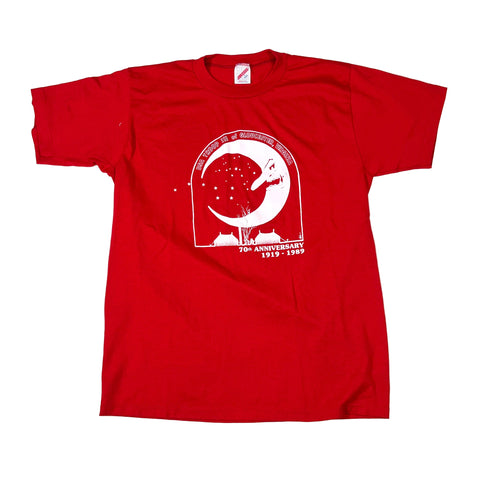 Red t-shirt with a white graphic design on a white background