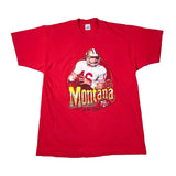 A red short-sleeve graphic t-shirt featuring a vintage print of San Francisco 49ers quarterback Montana in a white jersey with the number 16, and 'Montana San Francisco' printed in yellow and white text.