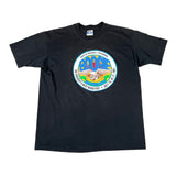 Black t-shirt with a colorful graphic on a white background