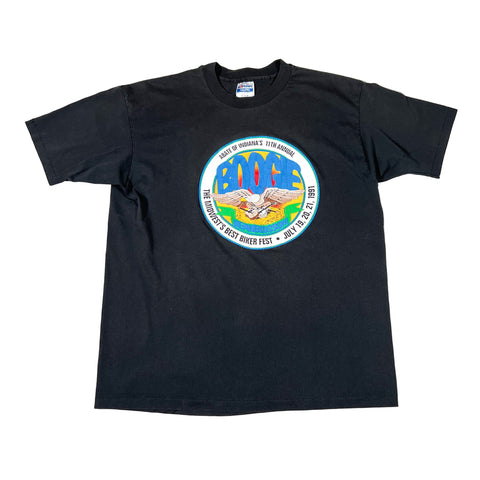 Black t-shirt with a colorful graphic on a white background