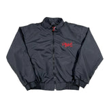Dark gray jacket with red logo on a white background