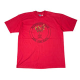 Red t-shirt with a graphic design on a white background