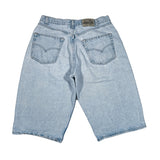 Light wash denim shorts viewed from the back, featuring classic five-pocket styling and a visible 'simsen' brand patch at the waistband, laid flat on a white background.