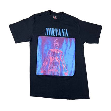 A black short-sleeve Nirvana graphic t-shirt laid flat on a white background, featuring the band name in blue text and a large blue and pink graphic print on the front.