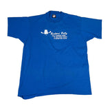 Blue t-shirt with white text and logo on a white background