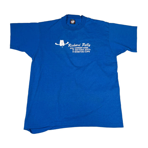 Blue t-shirt with white text and logo on a white background
