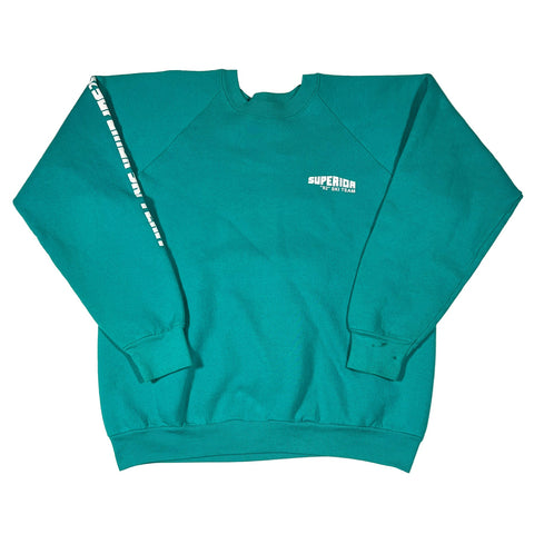 Teal sweatshirt with 'Superdry' logo on a white background