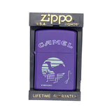 A vintage purple Zippo Camel Lifetime Guarantee lighter in its original black packaging, displayed on a white textured background.