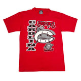 Red t-shirt with a graphic design on a white background