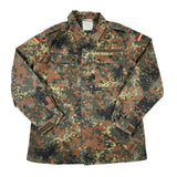 Camouflage military jacket with German flag patch on a white background