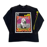 Black sweatshirt with a colorful graphic design on a white background