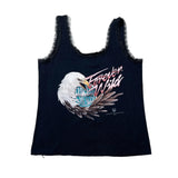 A black tank top with frayed edges and a graphic of a bald eagle holding a blue globe, with the text 'Forgotten Wild' in pink and white script.