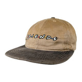 A vintage-style tan and brown baseball cap featuring an embroidered 'Friends' logo on the front, set against a plain light gray background.