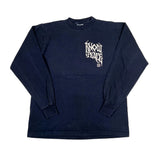 Navy long-sleeve shirt with white graphic on a white background