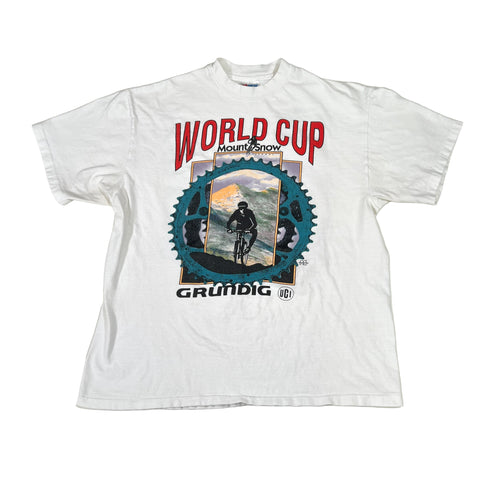 White t-shirt with 'World Cup' and mountain bike graphic on a light gray background
