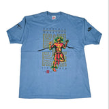 Blue t-shirt with a colorful graphic design on a white background
