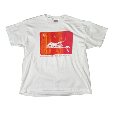 White t-shirt with a red graphic design on a white background