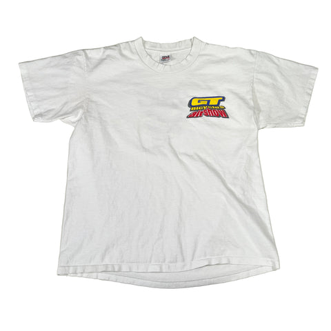 White t-shirt with colorful graphic on a white background