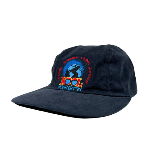 Navy blue cap with embroidered text and logo on a white background