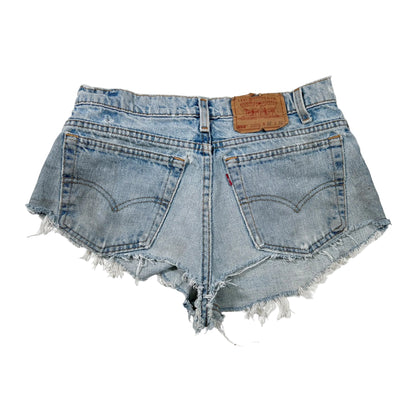 Light wash blue denim shorts with a raw frayed hem, shown from the back on a white background. The iconic brown leather patch and red tab are visible.